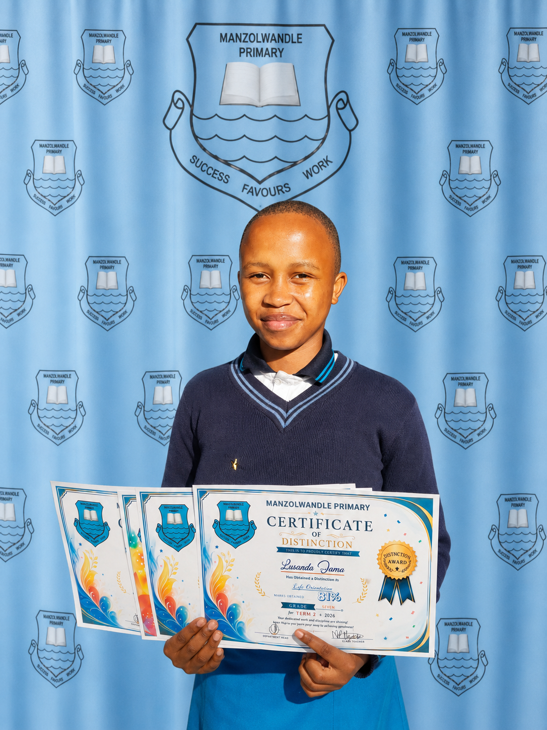 Learner celebrating an award at Manzolwandle Primary School